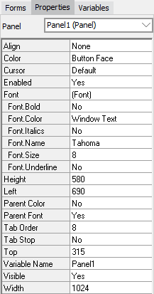 Properties tab for a panel. The width has been set to 1024 and the height is 580.